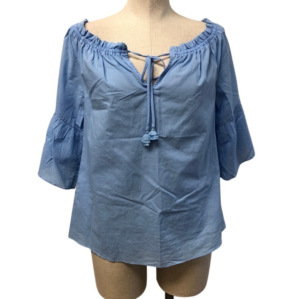 Hale Bob Blouse Womens Small Blue Off Shoulder Ruffle Sleeve Tassel 23TM2179‎